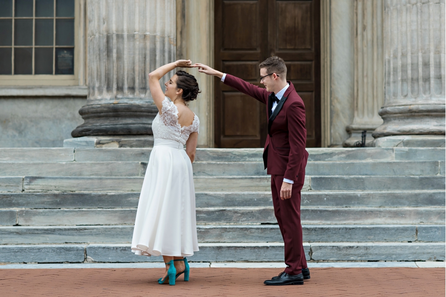 A bride and groom dance in old city Philadelphia.